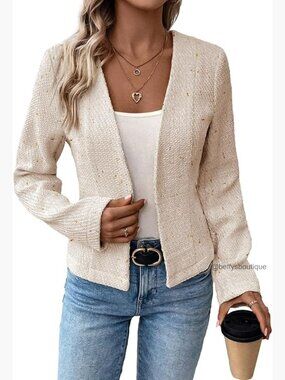 Tweed Blazer Jacket Collarless Open Front Slim Fit Work Casual Coat